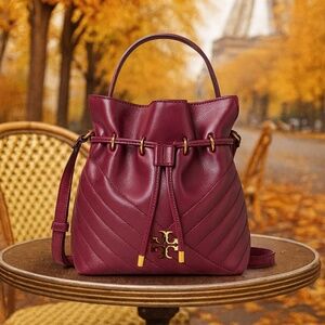 Tory Burch Kira Chevron Imperial Garnet Red Mini Bucket Tote Bag/Crossbody Bag